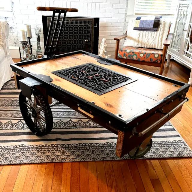 Industrial factory cart coffee table dolly new made w/ architectural salvage