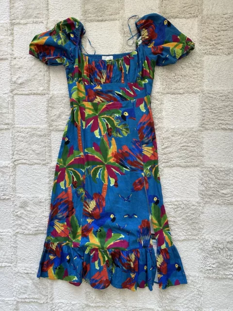 NWOT House of Harlow 1960 Tropical Print Maxi Dress Blue Linen Smocked Size M