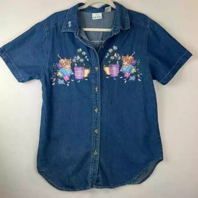 Bobbie Brooks Vintage Cat Embroidered Denim Short Sleeve Shirt Sz M