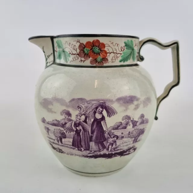 Antique 19th Century Pearlware Jug Dated 1818 Decorated Farming Scenes 2