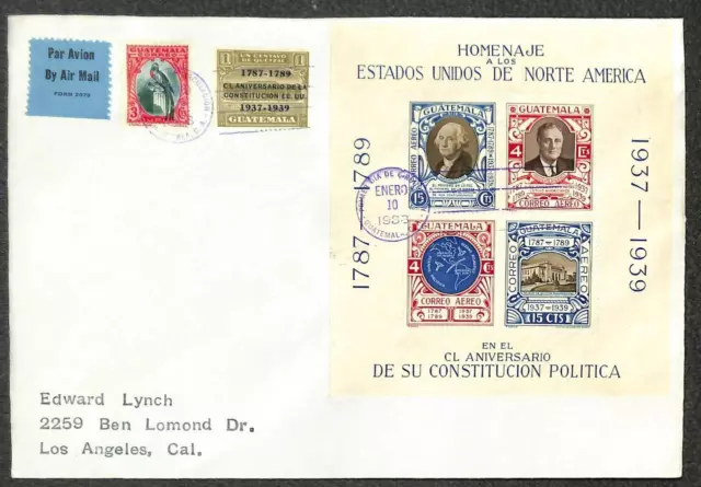 Guatemala #275 C92 S/S Ra7 Stamps Fdc Airmail Cover To Usa 1938 !!