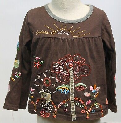 Oilily Brown Shirt Girls Kids Sz 4 - 5 Embroidered Flower Design Garden Brown
