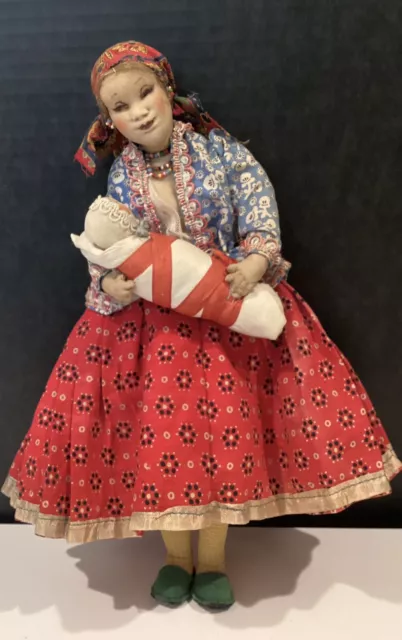 12” Vintage Handmade Needle Molded Cloth Doll Gypsy Mother Nursing Baby