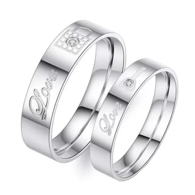 Love Lock Pair Key and Lock Couple Rings Titanium Steel Jewelry Size 6-13