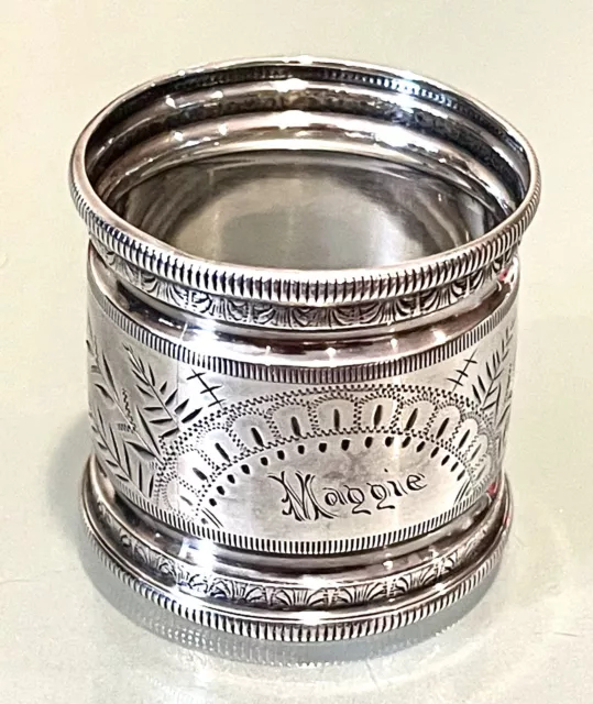 Vintage Antique 149  Silver Plate Engraved Maggie Napkin Ring Holder Old Decor