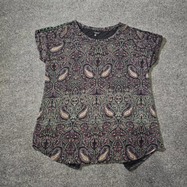 Lucky Brand Top Shirt Women 1X Black Paisley Round Neck Short Sleeve Casual Boho