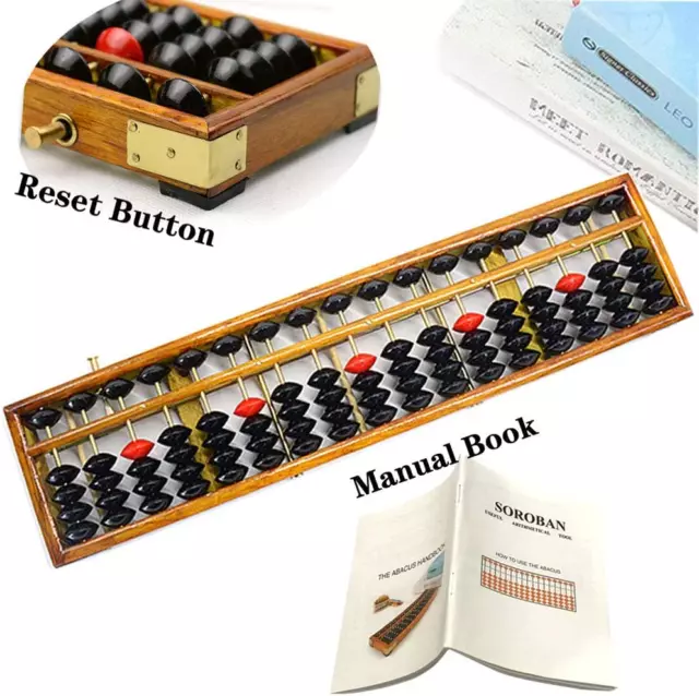 WOODEN ABACUS Soroban with Reset Button anti Skid Rubber Feet 17 Columns