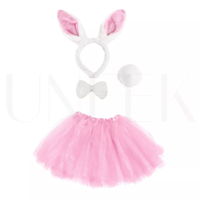 Kids Easter Bunny Rabbit Fancy Dress Costume w/ Ears, Bow, Tail & Pink Tutu Set