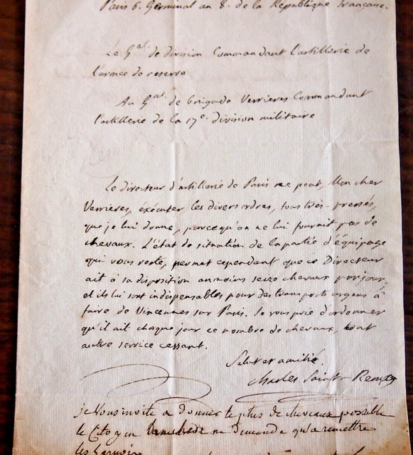 YEAR 8 LETTER from General de Saint Remy ABOUT HIS ARTILLERY £52.04 ...