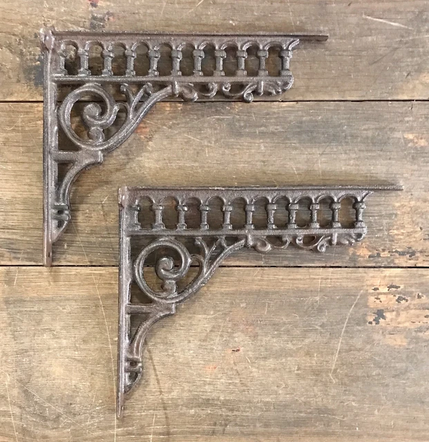 Cast Iron Pair of Vintage-Style Brown Shelf Brackets, 8.5” x 10.5”