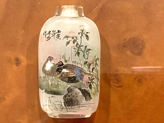 Beautiful Antique Chinese Glass Snuff Bottle With H/Painted Inside Birds Signed