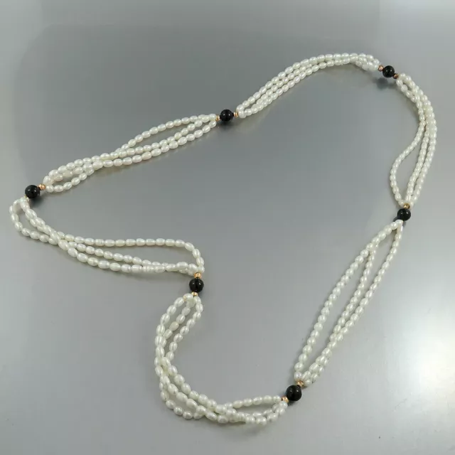 Kette Perlenkette Zuchtperle 3-reihig mit Onyx ca. 78 cm lang