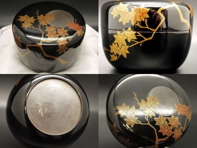 Japan WAJIMA Lacquer Wooden Tea caddy an Autumn Moon makie Hira-Natsume (322)