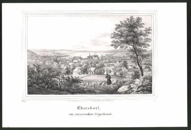 Lithographie Ebersdorf, Totalansicht mit Fernblick, Lithographie um 1835 aus Sa