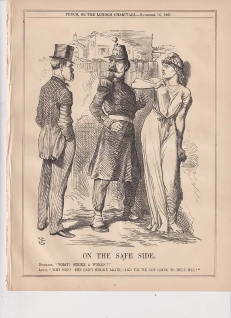 1867 Punch Cartoon Louis can Strike Woman -Italy Because Bismarck Won't Stop Him