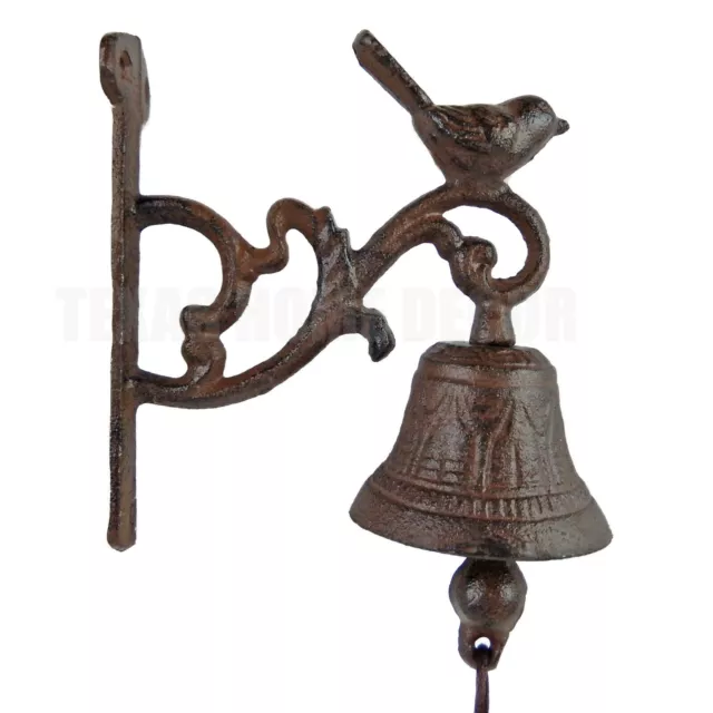 Small Bird Dinner Bell With Vines Cast Iron Antique Style Rustic Brown Finish