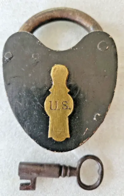 Antique Smokehouse Lever U.S. Padlock Wrought Iron Swinging Brass Drop W/Key
