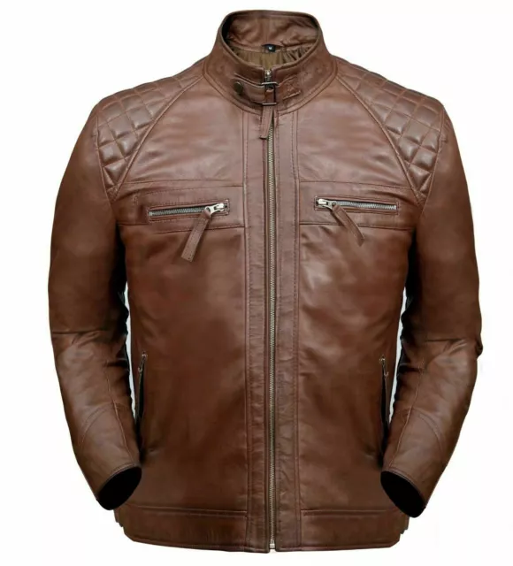 Men Genuine Lambskin Leather Classic Diamond Quilted Biker Brown Coat Jacket