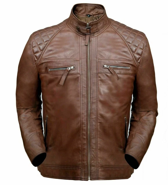 Men Genuine Lambskin Leather Classic Diamond Quilted Biker Brown Coat Jacket