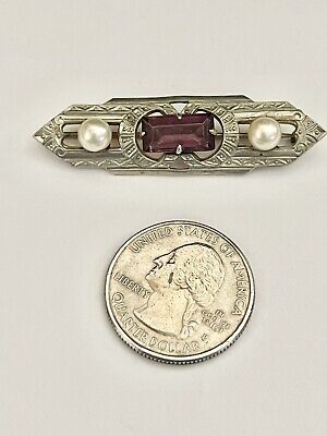 Antique Art DECO Stamped Design Silvertone Faceted Amethyst & Pearls ￼Brooch