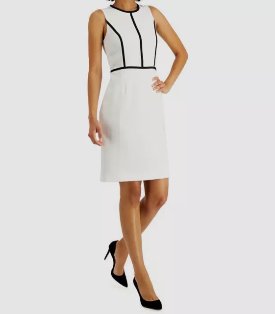 $89 Kasper Women's White Contrast Trim Sleeveless Sheath Dress Size 8