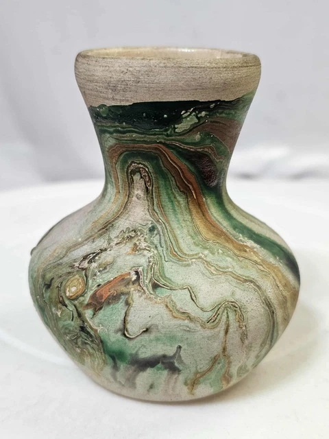 VTG NEMADJI POTTERY Ceramic USA Bud Vase Green Orange Pattern 3.5