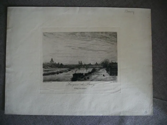 Quai de Bercy Paris gravure Eau Forte Focillon dessinateur graveur Seine 1880