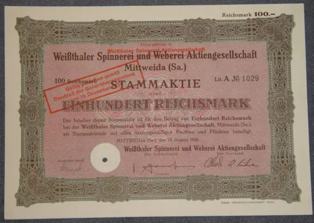 Weißthaler Spinnerei und Weberei Aktiengesellschaft 1928 100 RM