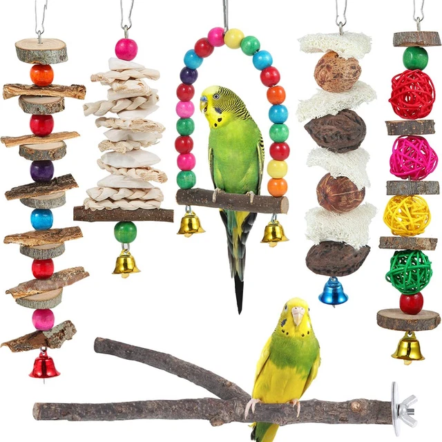 Vogelsitzstange Mit Spielzeug – Holzständer, Seilleiter, Bunte Bälle, Für Papageien & Sittiche