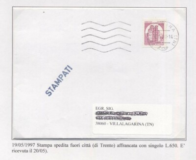 CIB_102 STORIA POSTALE castelli bobina STAMPA  1997 
