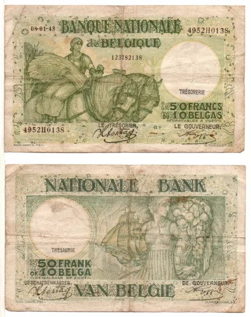 BELGIUM 50 Francs - 10 Belgas (WWII - 08-01-43) Pick 106, Fine