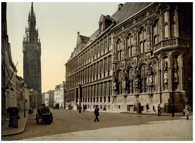 Gand. Le beffroi et l’Hôtel de Ville. PZ vintage photochromie,  photochromie,