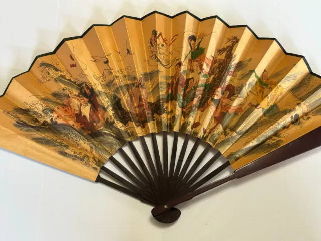 Large Gorgeous Decorative Asian Silk and Wooden Fan, Musical, Mythological Theme