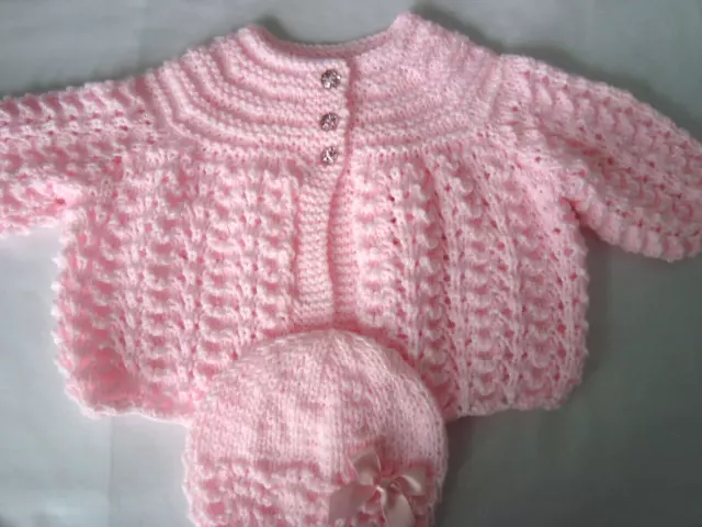 Hand Knitted Baby Girls Matinee Coat/Cardigan & Hat 0-3 Mths Pink Sparkle Wool