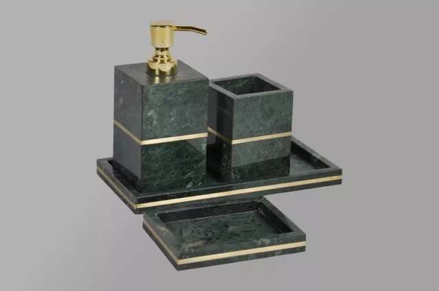 Mármol verde natural con latón, juego de accesorios de baño, dispensador de piedra, bandeja