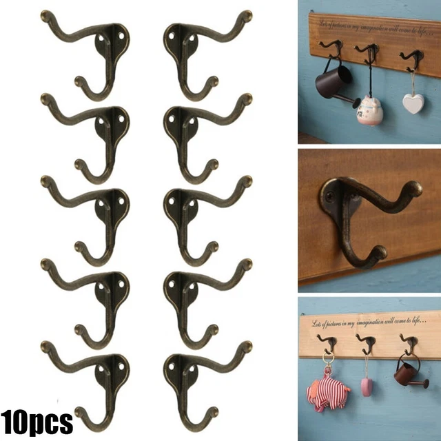 Set of 10 Vintage Cast Iron Wall Mount Hooks for Key Hat Coat and Towel Hanging