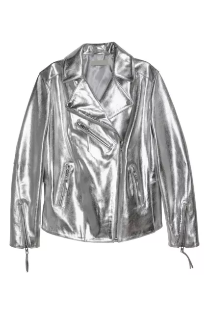 Women's Metallic Silver Leather Jacket Genuine Leather Moto Biker Jacket Coat