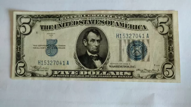 FR-1651 Series 1934 A Silver Certificate $5.00 Circulated Big Blue 5 Blue Seal