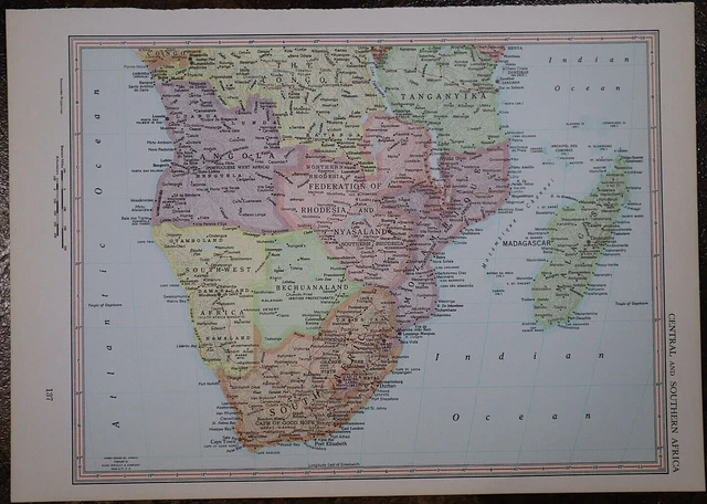 Vintage 1967 Rand McNally Atlas Map ~ RHODESIA, NYASALAND, THE CONGO, AFRICA 2