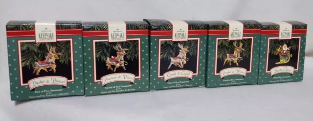 NIB 1992 Hallmark Keepsake Ornament COMPLETE SANTA AND HIS REINDEER COLLECTION.