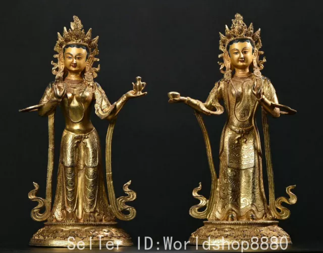 16" Old Chinese copper Gilt Guan Yin Boddhisattva  Buddha Kwan-yin statue pair