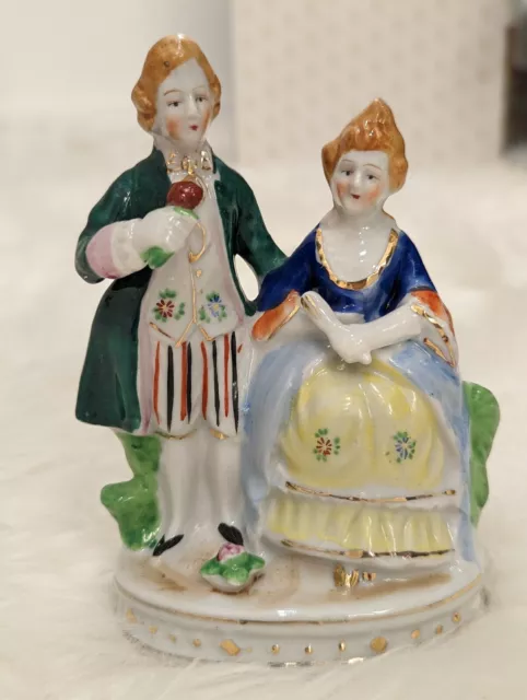 VINTAGE Japan Figurine Couple Hand Painted Ceramic Blue Green Yellow