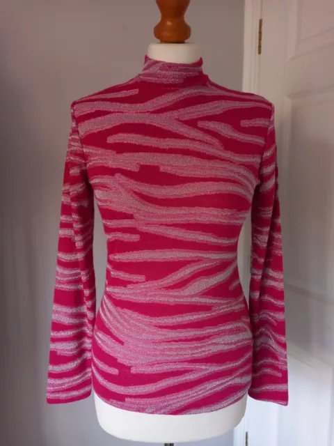 NEXT Pink Silver Metallic Stretch Top Keyhole Neck Uk 10