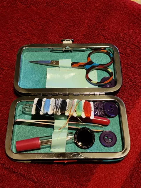 Vintage Mini Sewing Kit in Carry Case Metal Clasp Bright Multicolor Case Rare