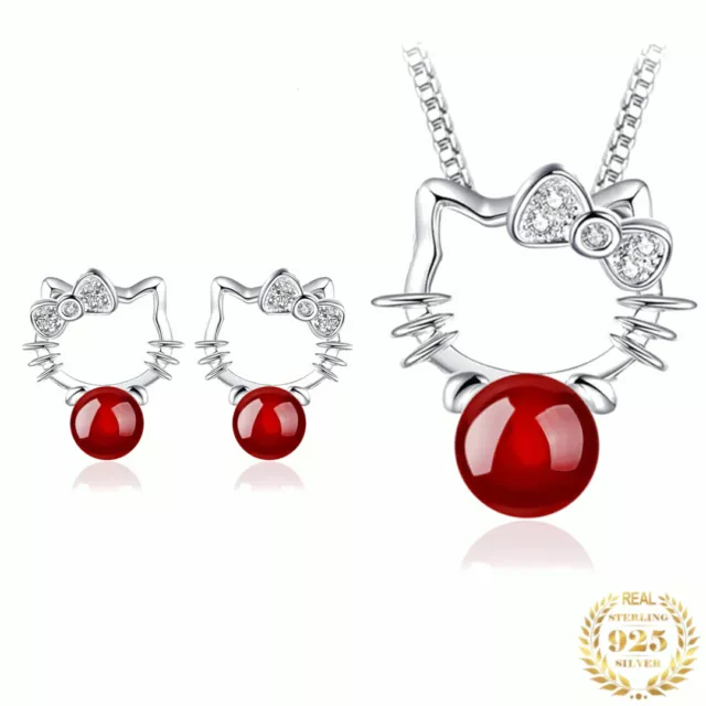 Schmuck Set 925 Sterling Silber Hello Kitty Halskette Ohrringe Anhänger Geschenk