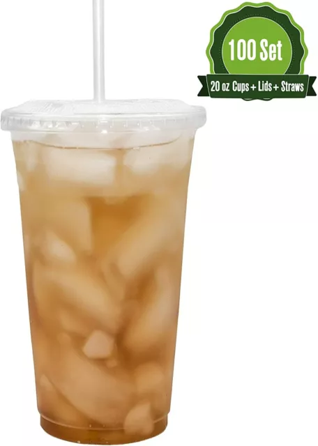 [100 Sets - 20 oz.] Disposable Clear Plastic Cups with Flat Lids and Straws 2