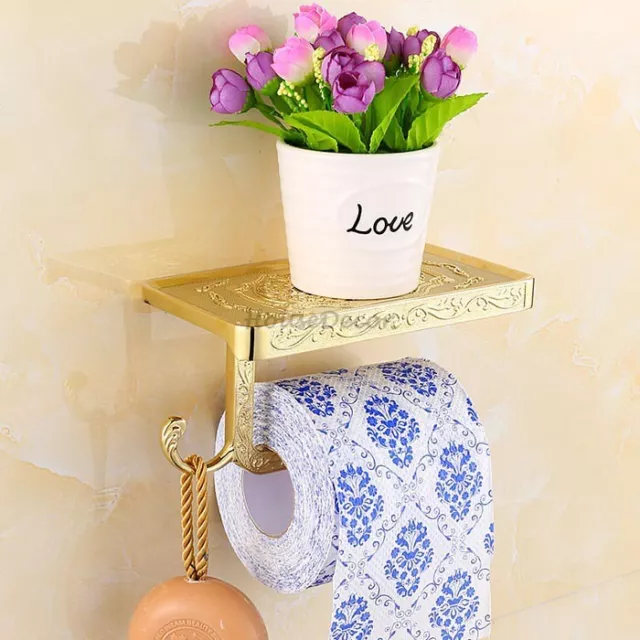 Gold Polished Brass Bathroom Paper Roll Holder Toilet Tissue Shelf Phone Rack