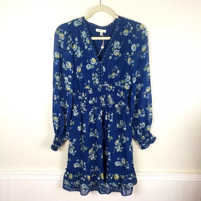 Max Studio NWOT Women's Blue Floral Smocked Sheer Mini Dress Size Medium