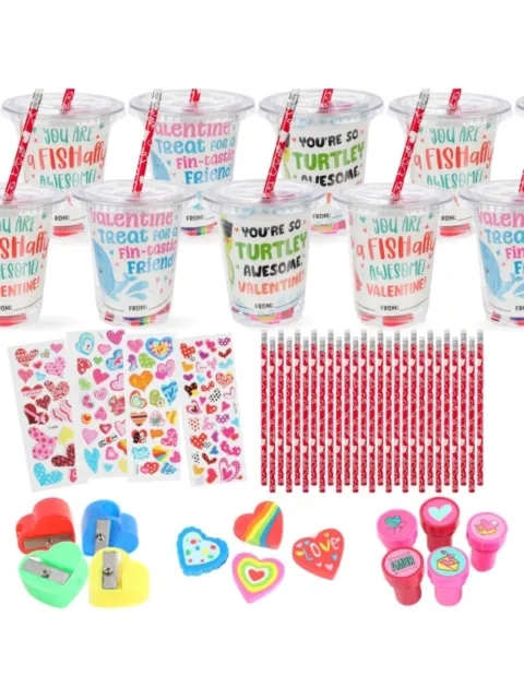 30-Pack Valentine's Day Gifts for Kids - Stationary and Cup Set with Valentines