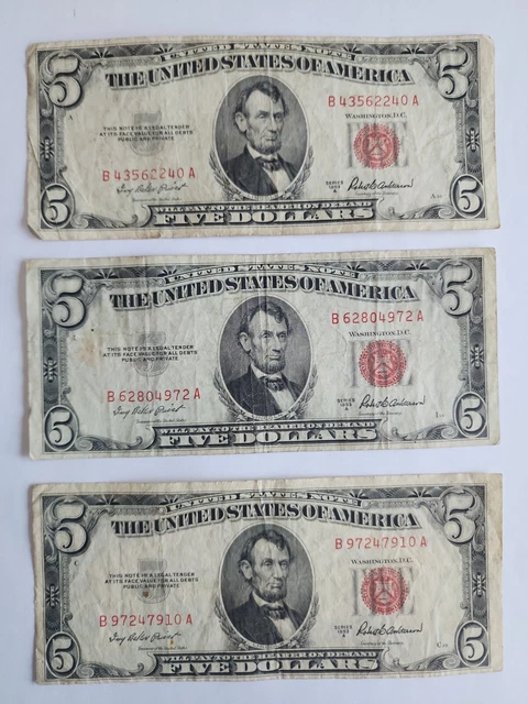 1953 A United States $5.00 Five Dollar Notes - Red Seal Circulated LOT OF 3